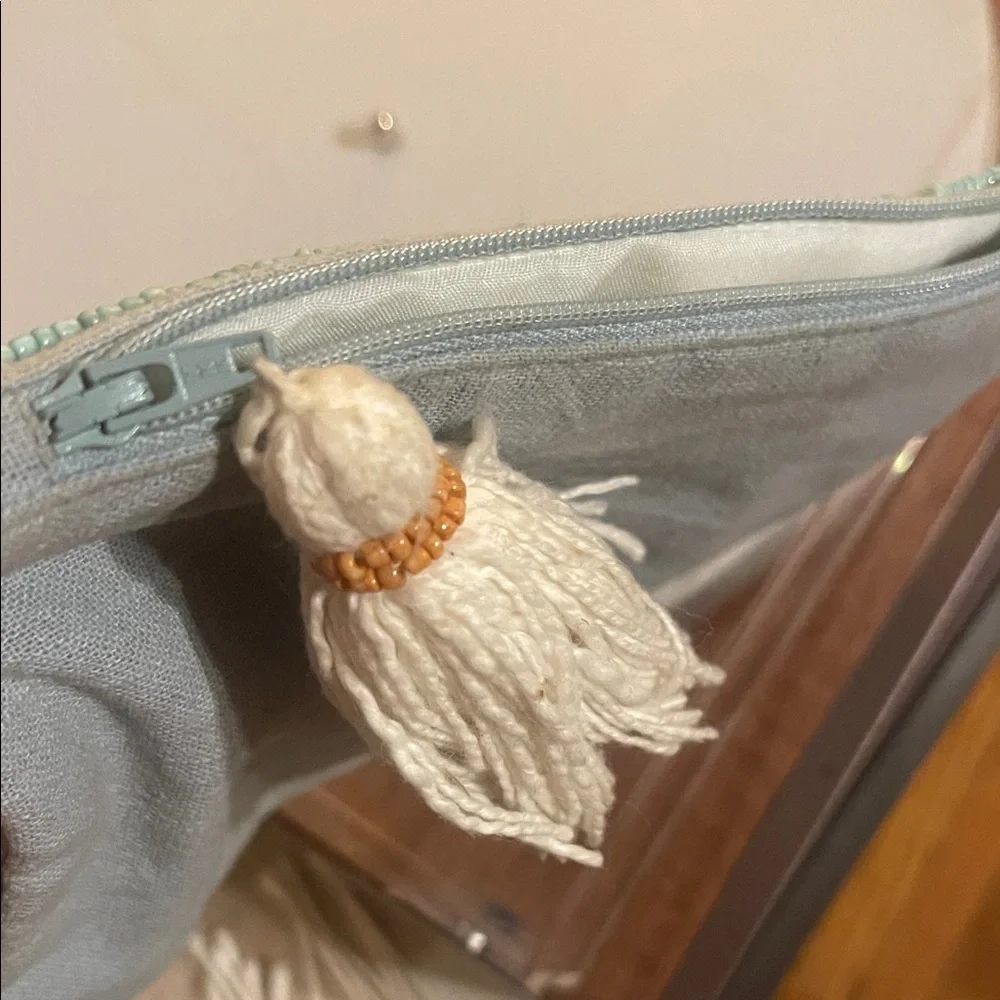 Beaded Denim Daisy Cosmetic Pouch in Mint Green